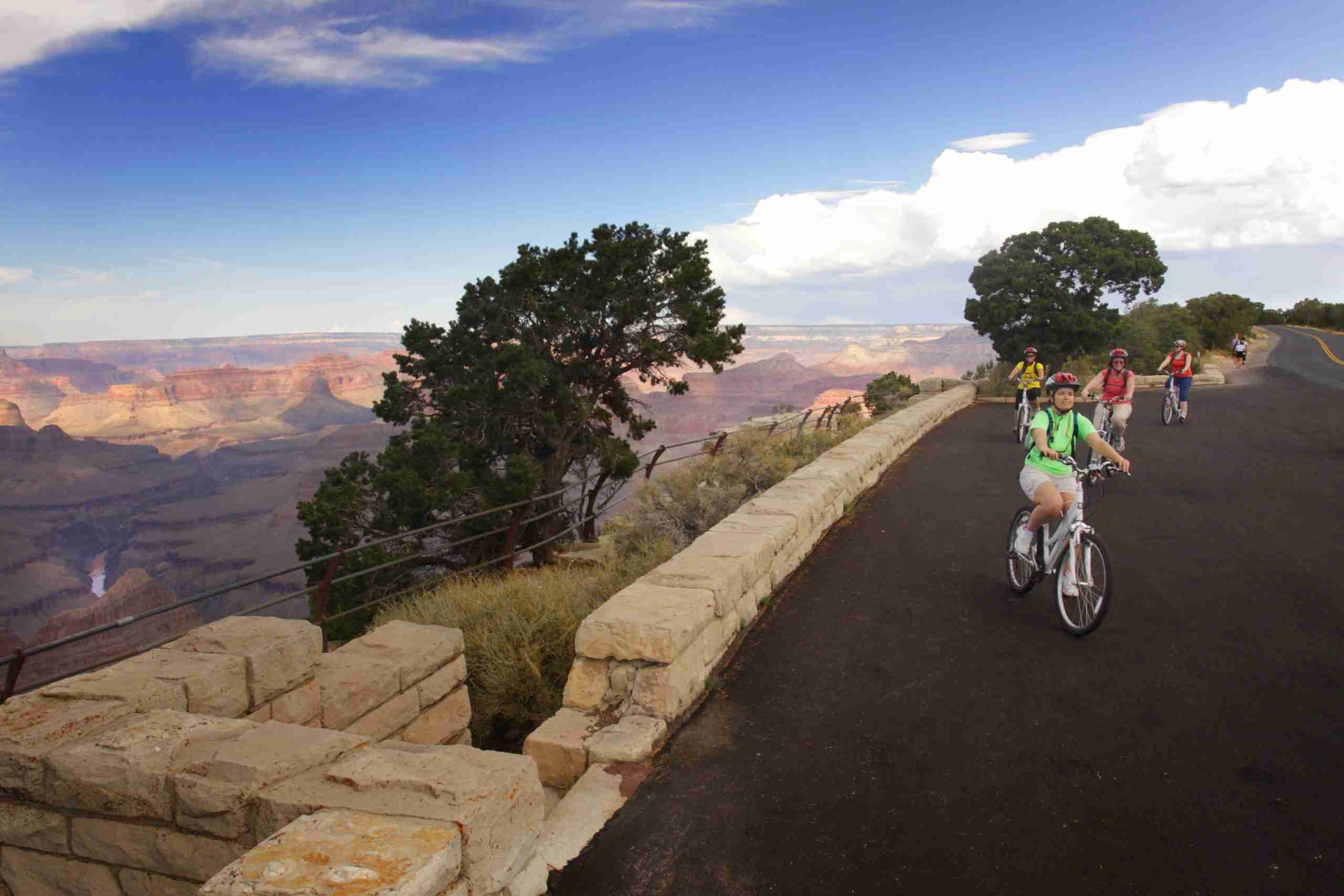 A group of bikers riding along the Grand Canyon